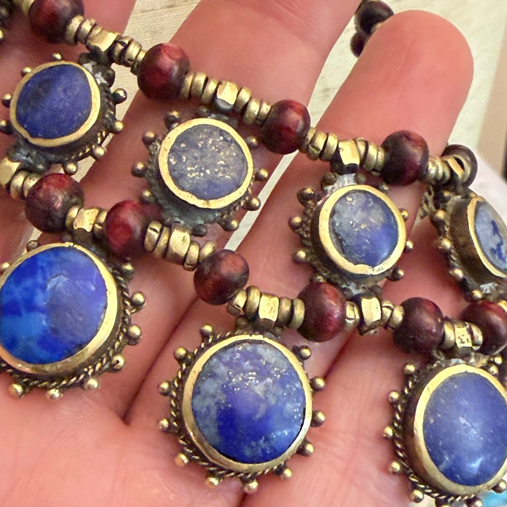 Vintage Lapis Lazuli Brass Sunburst Bib Necklace Red Wood Bead Tribal Boho